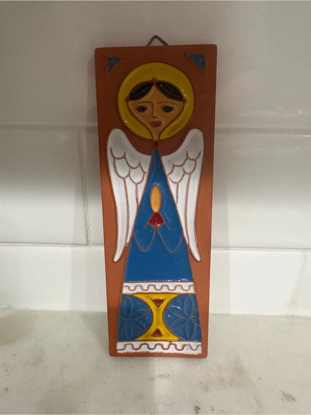 Hand-Painted Terracotta Angel Wall Plaque in Blue, White & Yellow Italy - Picture 2 of 7